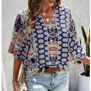 Printed Blue Multicolor Batwing Sleeve V-Neck Blouse Top